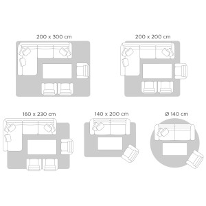 Schéma de différentes tailles de tapis (200x300, 200x200, 160x230, 140x200, Ø140 cm) avec disposition des meubles.