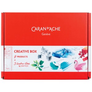 Caran d'Ache Creative Box per colori scolastici, scatola rossa con materiali artistici e corsi online.