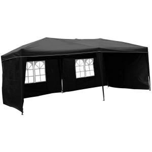 Gazebo pieghevole in alluminio nero, 6 x 3 m, con pannelli laterali e finestre.