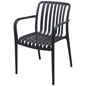 Sedia da giardino nera in polipropilene con braccioli, design a doghe. Ideale per balcone e giardino.