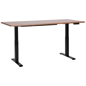 Bureau Destines réglable en hauteur électriquement, plateau marron et piètement noir, 180x80 cm.