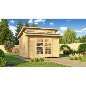 Abri de jardin en bois Weka non traité avec toit plat et portes vitrées dans le jardin.