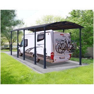 Carport antracite Alpine 10600 con camper. Riparo stabile per veicoli di grandi dimensioni.