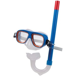 Kit de plongée enfant Happy People avec masque bleu et orange et tuba bleu.