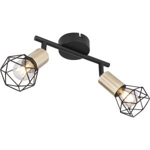 Globo Spots 2er Xara I Altmessing, schwarzer Metallstrahler mit zwei Leuchten und Gitter.