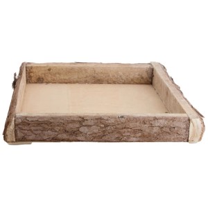 Vassoio quadrato in legno con corteccia, 30x30 cm, per elementi decorativi.