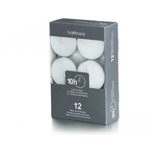 Packung Maxi-Teelichter, 12 weiße Teelichter mit ca. 10h Brenndauer im Alubecher.