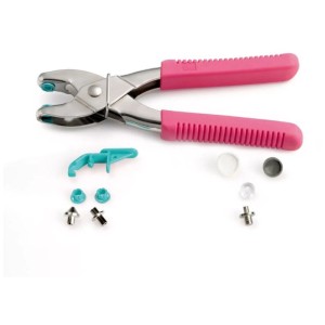 Prym Vario Pliers Love, strumento in metallo rosa con accessori per bottoni a pressione e occhielli.