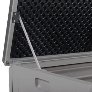 Box contenitore Salango in plastica grigia aperta, capacità 390 l, dettaglio del coperchio.