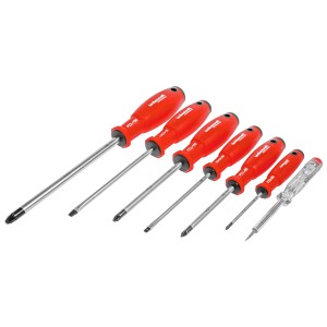 Jeu de tournevis Technocraft, 7 pièces avec manches rouges et testeur de tension.