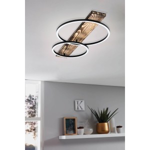 Plafoniera LED Boyal rustica nero-marrone con legno e due elementi luminosi rotondi.