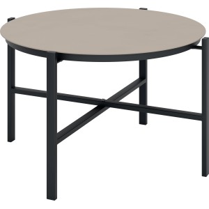 Table de l'ensemble de meubles de jardin Tapena : Ronde, plateau en verre taupe, structure en acier noir.