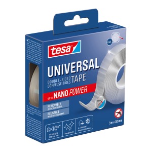 Nastro biadesivo universale Tesa con Nano-Power, 3 m x 30 mm, sulla confezione.