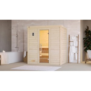 Sauna en bois massif Weka Bergen avec porte en verre et poêle 5,4 kW en kit.