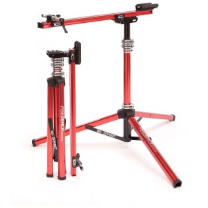 Cavalletto bici Feedback Sports Sprint, rosso, piegato e aperto. Supporto bici per officina e viaggio.