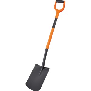 Bêche OBI, 115 cm, avec poignée orange et lame noire. Outil de jardinage pour creuser.