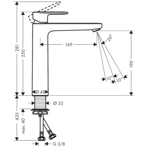 Disegno tecnico: Miscelatore lavabo Hansgrohe Vernis Blend 190, cromo, con dimensioni.