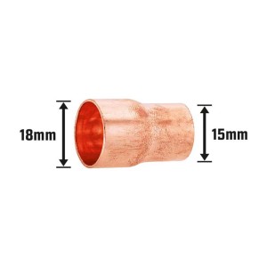 Manicotto di riduzione a saldare in rame, 18 mm x 15 mm, per installazione tubi in rame.