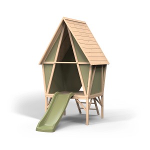 Exit cabane de jeux Yuki 300 avec toboggan, bois et bâche verte, pour que les enfants jouent dans le jardin.