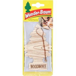 Wunderbaum Woodwork Lufterfrischer in Baumform mit Holzstruktur und Schriftzug.