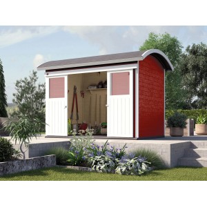 Casetta da giardino in legno Weka rossa con tetto a botte, 295x241 cm, verniciata. Doppia porta aperta, attrezzi da giardino visibili.