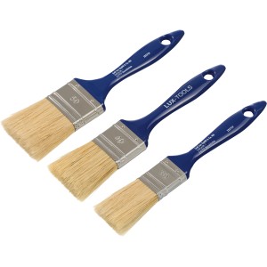 Set di pennelli piatti LUX per verniciatura, 3 pezzi: pennelli con setole chiare e manico blu in larghezze 30, 40 e 50 mm.