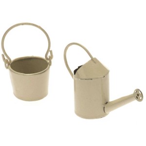 Mini annaffiatoio e secchio color crema, altezza 5 cm, per mini giardinaggio e decorazioni da tavola.