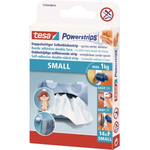 Paquet de Tesa Powerstrips Small, 14 pièces, pour accrocher des objets jusqu'à 1 kg sans laisser de traces.