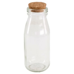 Bottiglia in vetro trasparente Orion con tappo in sughero, alta 14,5 cm, ideale come vaso o elemento decorativo.