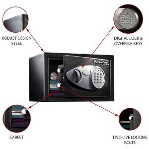 Master Lock Tresor X041ML mit digitalem Schloss, 16,44 l Volumen, offene Tür.
