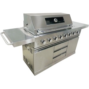 Cuisine d'extérieur Buschbeck Bristol en acier inoxydable avec grill à gaz, brûleur latéral et étagères.