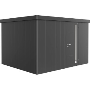 Casetta da giardino Biohort Neo 3D in grigio scuro metallizzato con porta standard e finestra.