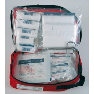 Kit di pronto soccorso auto Monza, 37 pezzi, borsa in nylon rosso-blu con bende e forbici.