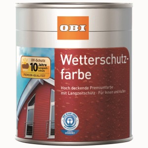 Boîte de peinture de protection contre les intempéries OBI, vert feuille, finition satinée, 2,5 l. Peinture premium pour bois, plâtre, béton et maçonnerie.