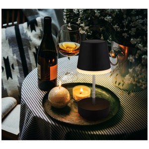 Lampe de table solaire LED Globo noire (Ø 11 cm) sur table avec décoration. Lampe solaire réglable en hauteur pour usage extérieur.