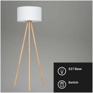 Lampadaire Brilo Floor blanc avec pied en bois tripode et abat-jour en textile blanc.