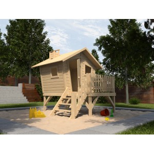 Tabaluga Maison Aventure Lotti : Cabane en bois avec escalier, terrasse et plateforme dans le jardin.