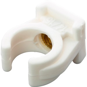 Clip per tubo bianco in plastica Ø 15 mm con manicotto filettato per fissaggio tubi.