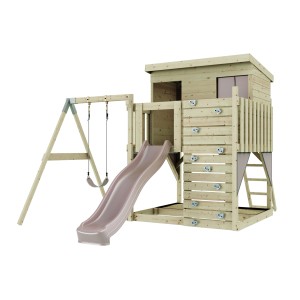 PolarPlay Torre gioco Tjorven con altalena e scivolo, legno naturale/rosa antico.