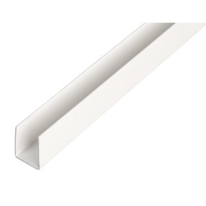 Profilo a U in plastica bianca, 10x10x2600 mm, per protezione e stabilità.