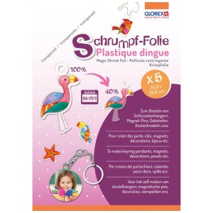 Glorex Schrumpffolie, A4, 5 Stück, zum Basteln von Schlüsselanhängern und Dekorationen.