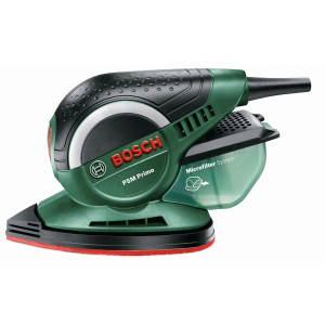 Multi-ponceuse Bosch PSM Primo, ponceuse verte avec boîte microfiltre pour ponçage à faible poussière.