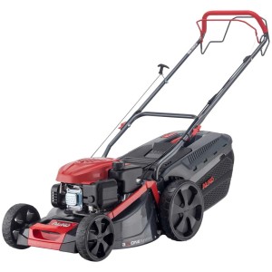 Tondeuse à essence Al-Ko Comfort 46.0 SP-A avec traction et carter en acier rouge.