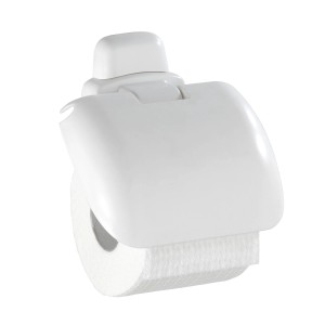 Porta carta igienica Wenko Pure, in plastica bianca con coperchio e rotolo di carta igienica.