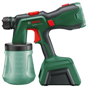 Sistema di verniciatura a spruzzo a batteria Bosch AdvancedSpray 18V-500 in verde e nero con contenitore vernice trasparente.