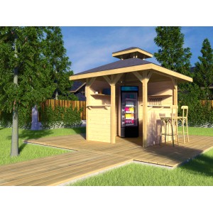 Weka Rimini gazebo per il tempo libero set risparmio 218x218 cm con bancone, frigorifero e sgabelli da bar in giardino.