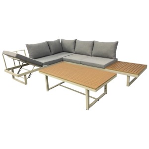 Greemotion Lounge-Set Lima, 3-teilig, beige-weiss-grau, mit Sofa, Tisch und Liegeelement.