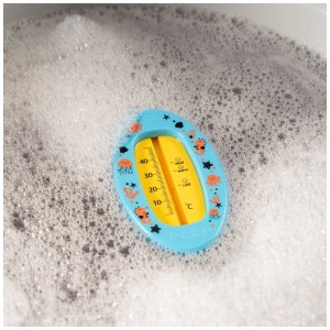 Blaues Reer Badethermometer in ovalem Kunststoffdesign zur Temperaturkontrolle im Badewasser.