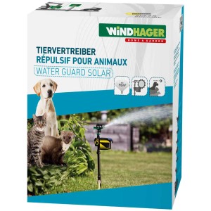 Dissuasore per animali Windhager Water Guard: confezione con cane, gatto, martora e irrigatori in uso.