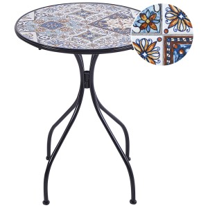 Tavolino da giardino Beliani Civita con mosaico, Ø 60 cm, ideale per balconi e terrazze.
